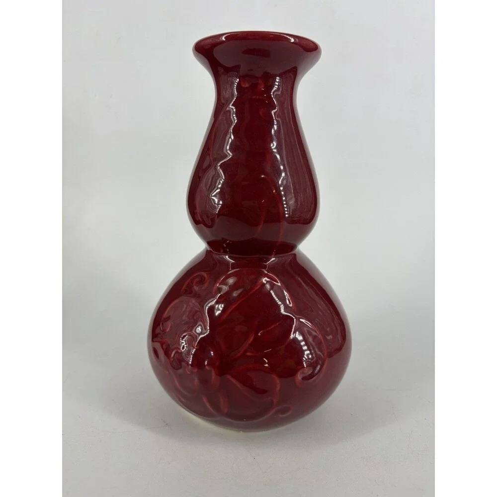 VTG Treasure Craft Ceramic Vase Red Maroon Glaze Floral Hibiscus
